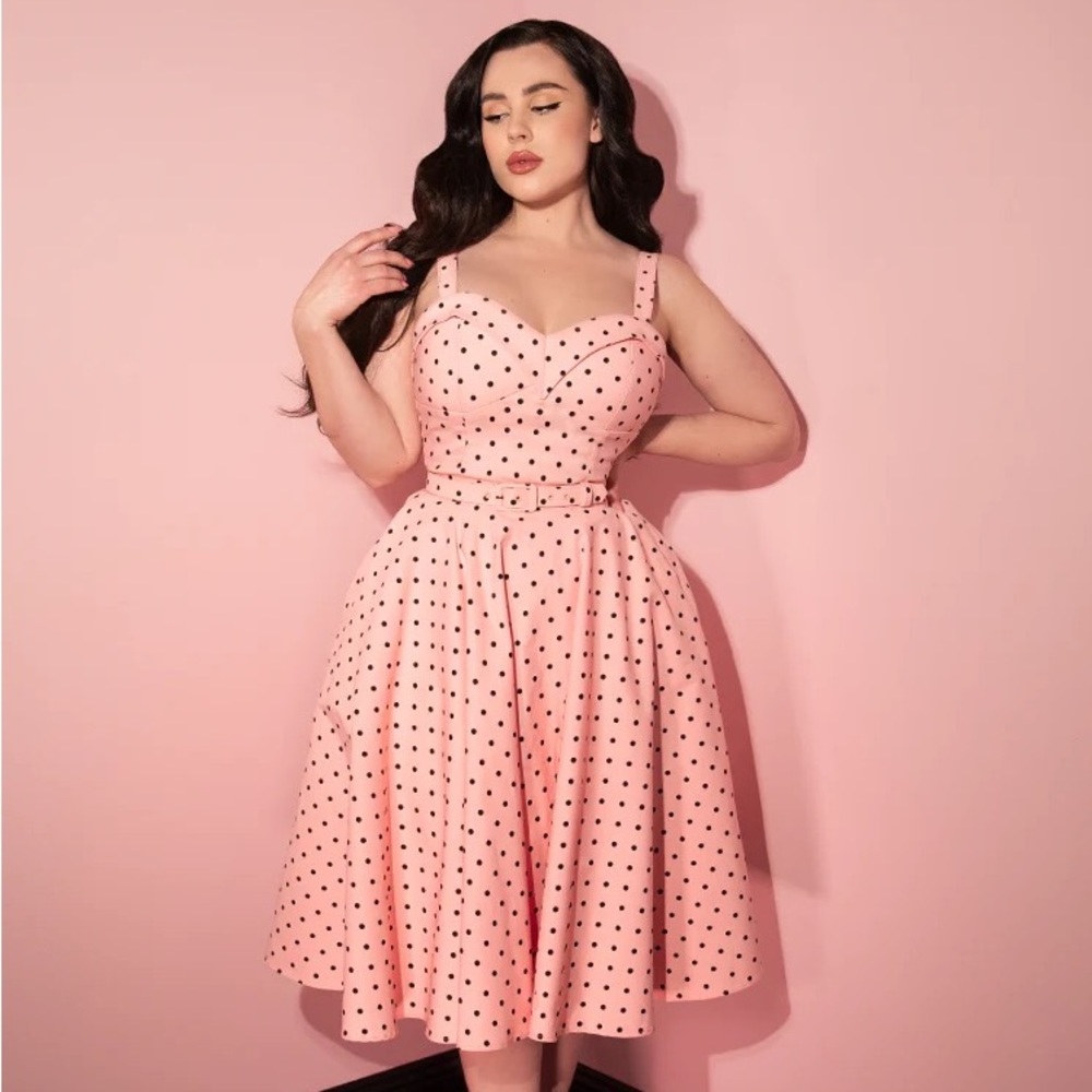 Micheline Pitt Vixen Maneater Swing Dress in Pink Polka Dot 2X